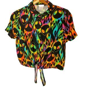 Spencers Alien Print Cropped Blouse M Button Up Collar Rainbow Flames Crop